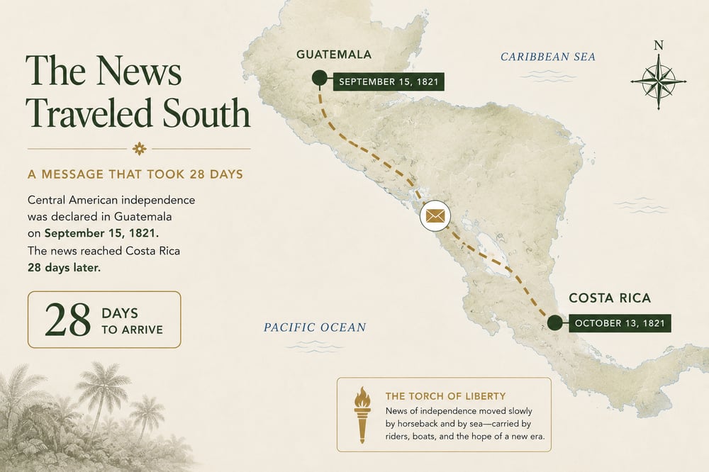 Illustrated map tracing the 28-day journey of Costa Rica's independence news from Guatemala to Costa Rica
