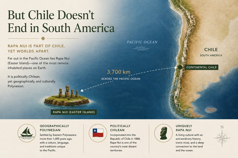 Illustrated map showing the distance from continental Chile to Rapa Nui in Polynesia
