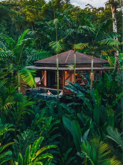 Nayara Gardens framed by rainforest at the foot of Arenal Volcano